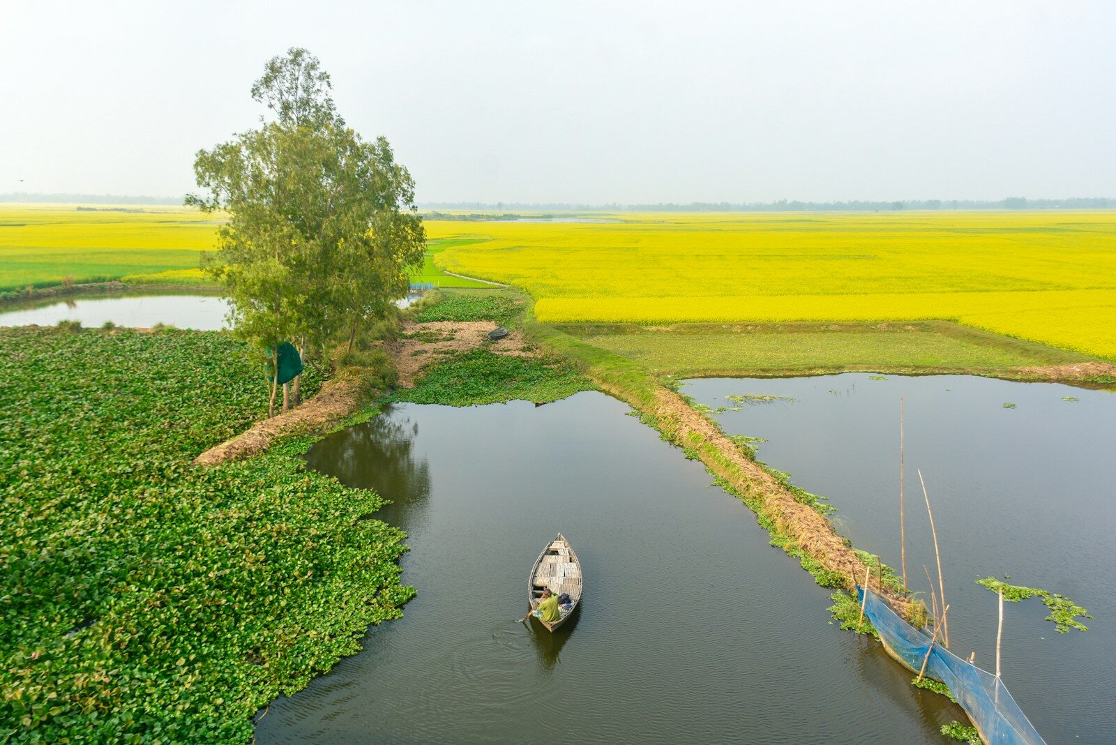 A small boat floating on top of a river next to a lush green field